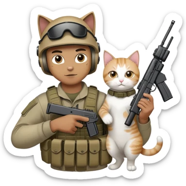 Man in tactical airsoft gear holding a gun in one hand and a white and brown cat in the other hand sticker