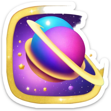 sparkly glittery blue purple and pink gradient planet with a yellow cheesey saturn ring sticker
