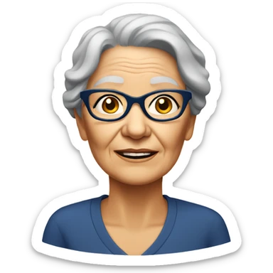 Older woman with wrinkles on the face, dark blue rectangular spectacles sticker