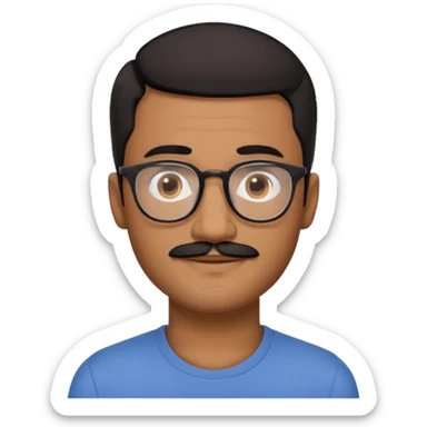 A friendly person with medium-brown skin, large warm brown eyes, thin rectangular glasses, a short mustache and small goatee, black hair. Rounded face, calm slight smile. Head-and-shoulders emoji style, bold outlines, simple shapes, bright colors, transparent background. sticker