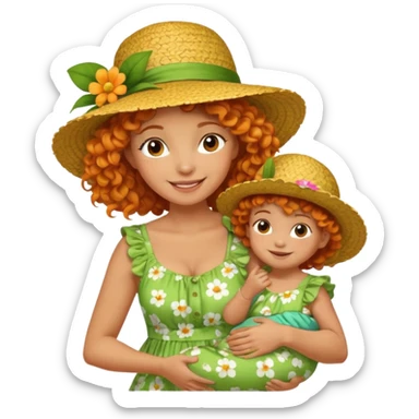 A cheerful orange curly hair mom in a straw hat carrying her child, wearing a green flowery dress sticker