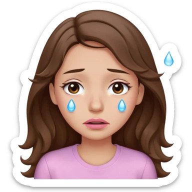 girl with wavy long brown hair, brown eyes, light to medium complexion, long lashes, light pink lipstick, wearing light pink shirt, weeping big big tears sticker