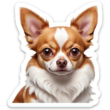 Cinematic Grumpy Red/White Short Haired Chihuahua Portrait Emoji, Head tilted slightly with a deeply unimpressed expression, thick red and white fur with bold patches, large, droopy dark eyes narrowed into an unamused glare, ears slightly drooping in exasperation, Simplified yet comically expressive features, highly detailed, glowing with a dry, sarcastic glow, high shine, effortlessly judgmental yet dignified, stylized with a touch of cynicism, bright but brooding, soft glowing outline, capturing the essence of an eternally unimpressed yet endearing pup, so lifelike it feels like it could sigh heavily at you in disdain at any moment! sticker