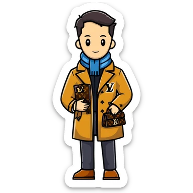 elegant man wearing Louis Vuitton coat and scarf with the iconic LV monogram sticker