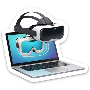 VR headset, wire connected to laptop, laptop screen showing VR/AR modeling software, floating 3D models or virtual objects, modern, tech-inspired colors, no emojis or smiley faces, transparent background. sticker