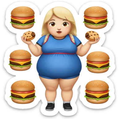 n create a humongous asian girl with 2 burgers and a cookie in her mouth, she is super obese, please make her a full body emoji sticker