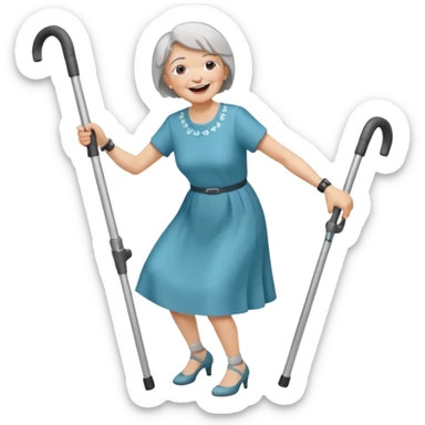 elderly woman with pants, short grey hair, laughing and dancing th crutches sticker