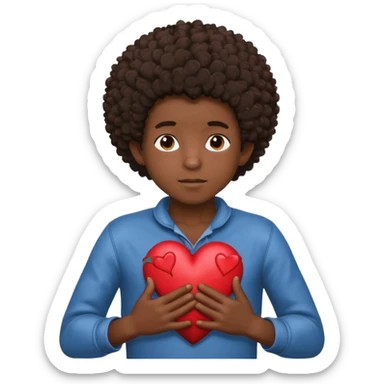 I want a black boy with chocolate skin and a small messy afro holding a heart close to his chest with his hands over the heart as if to present it to someone he loves. sticker