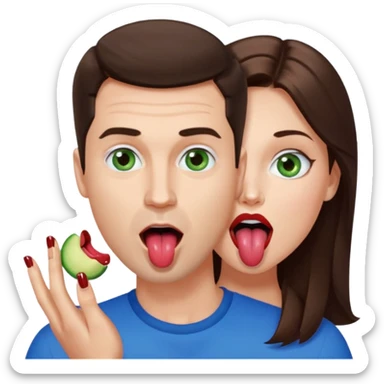 A good looking white man with dark brown hair and blue eyes with his mouth open and tongue out licking a white woman with light brown hair and green eye’s well groomed with deep red painted nails. sticker