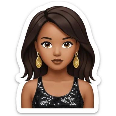 LeToya Luckett with long dark brown hair, black sequin crop top, black earring sticker