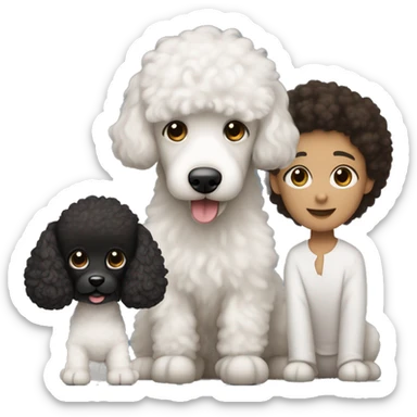 A family consisting of 1 white man with dark brown hair and sharply trimmed facial hair, 1 white woman with long black hair and one toy poodle with brown hair and another toy poodle puppy with black hair, heads only sticker