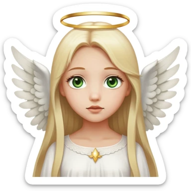 Blonde girl (from the chest up), green eyes, and light skin. Staring straight ahead. Long, straight hair. Medium-thick, mostly thin lips. Looks like an angel. Wears a white babydoll dress. White wings stick out from behind her, like an angel. Soft doe eyes. Cheeks and tip of nose slightly reddish. sticker
