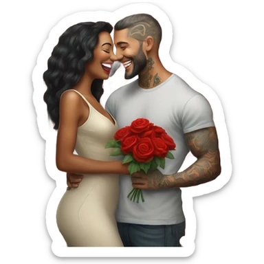 Hyper Realistic beautiful woman smells bouquet of bright red roses laughing with handsome tattooed man  sticker