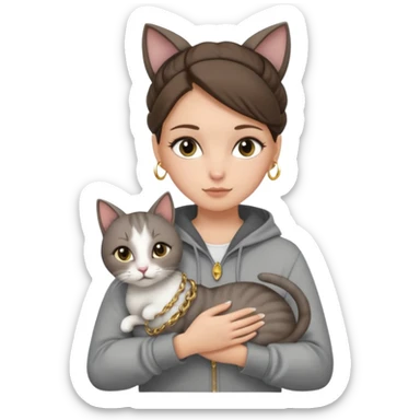 a white girl with brunette hair in a one single bun holding a grey cat. the girl has long lashes and has on a grey zip up that is half way zipped and has a hood and under a white shirt and gold jewelry that is gold bracelets. sticker