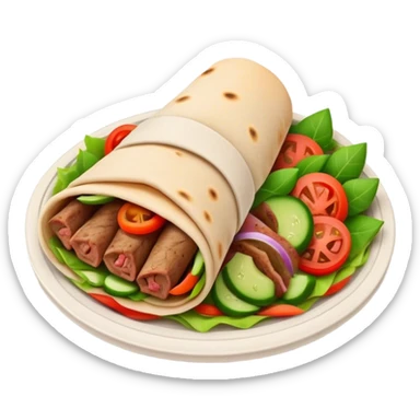 Cinematic Realistic Gyros Dish Emoji, showcasing succulent, spiced meat wrapped in pita with fresh vegetables rendered with lifelike detail and dynamic, appetizing lighting. sticker
