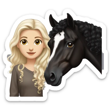 White girl, long black curly hair, beautiful hazel eyes, next to a black Arabian horse sticker