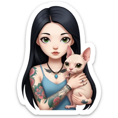 a Chinese girl with long black  straight hair and tattoos and little Sphynx sticker