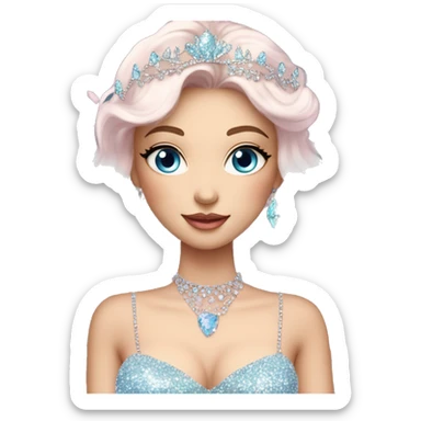 Gorgeous pastel Lady with blue eyes in a sparkly shiny dress with tiara and necklace and flowers aesthetical and trending  sticker
