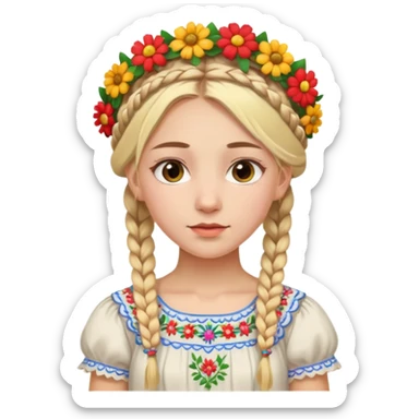 Slavic girl with two blonde braids, wearing a traditional embroidered dress and a colorful flower crown sticker