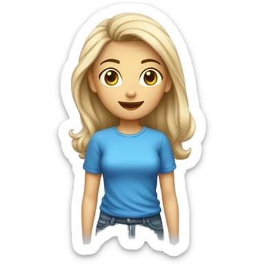 mulher loira com uma camiseta azul escrito link oferta sticker