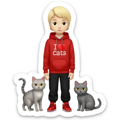 There is one 8 year old boy wearing a red and black hoodie say I heart cats he’s blond he has red Jordan’s and Hess wearing black pants he’s next to his only gray cat with yellow eyes  sticker