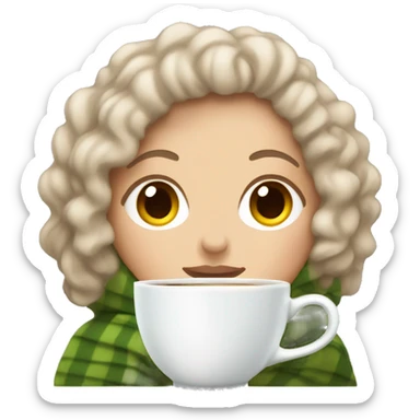 a White girl with curly hair wrapped in a blanket with a cup of tea sticker