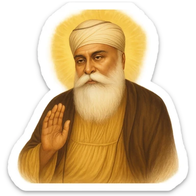 Guru Nanak Dev Ji, founder of Sikhism, gentle expression, white beard, traditional Sikh attire, radiant aura, respectful and dignified style sticker