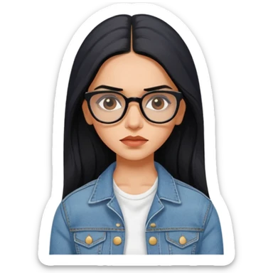 generate a pretty bratz emoji 
Make her wear a white dress with a denim jacket over it.long  black hair side part 

She should look exactly  like Deepika padukone! wearing tiny rectangular spectacle, looking sad sticker