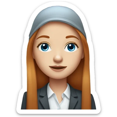 Cute portrait of girl in bussines with long straight ginger hair, freckles and blue eyes and she is very cute amd classy sticker