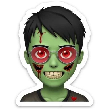 Zombie emo boy, green skin and black hair, chrome heart glasses and a scary cut open smile, scars and blood under eyes sticker