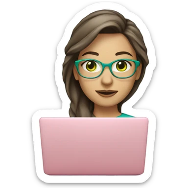 Female coding teacher with a laptop, with long brunette hair, green eyes, fair skin, teal eye glasses and a pink feminine shirt sticker