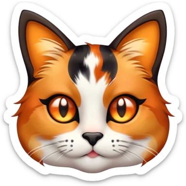 Cinematic Cute Calico Cat Portrait Emoji, Head tilted playfully with sparkling, inquisitive eyes and a charming patchwork fur of orange, black, and white, simplified yet irresistibly adorable, highly detailed, glowing with a warm, inviting glow, high shine, bubbly and affectionate, styled with a touch of whimsical feline charm, soft glowing outline, capturing the essence of a delightfully cute calico cat that looks as if it could prance off the screen into your heart! sticker