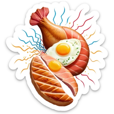 Protein party explosion with chicken breast, red meat steak, salmon fillet, and egg bursting upward from center like fireworks, with the largest chicken piece in front, DNA strands spiraling around them, and muscle silhouette in background sticker