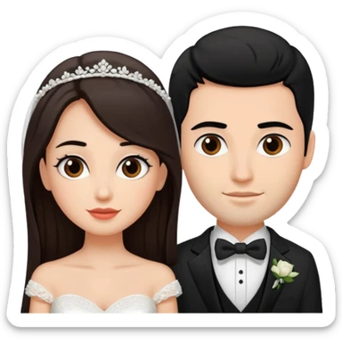 A bride and a groom. The woman is with dark brown hair, the man with black  sticker