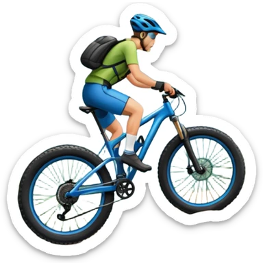 An icon featuring a mountain bike with wide tires, positioned on a forest trail or rocky mountain road. The background shows dense trees, steep slopes, and distant peaks under a clear blue sky. Transparent background highlights the thrill and rugged beauty of mountain biking. sticker