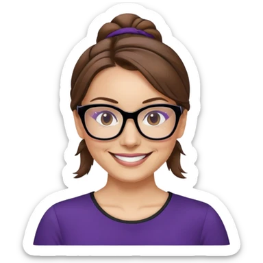 nữ 40 tuổi, da trắng, tóc được buộc gọn gàng lên trên, màu nâu, mặt cười tươi vui vẻ, đeo kính màu đen, áo tím đậm sticker