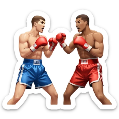 Two professional boxers in the ring fighting for the world championship title. One delivers a powerful straight punch to the head, while the other skillfully dodges. The background shows a brightly lit boxing arena with a roaring crowd. Transparent background sticker