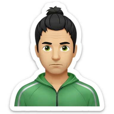 Park is a middle-aged man, around 35 years old, green tracksuit,  His black hair, streaked with strands of gray, is unkempt and damp with sweat. sticker