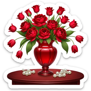 "A romantic still life of a crystal-clear red glass vase brimming with a lavish mix of scarlet roses, tulips, peonies, and silk-like pansies, with pearl-hued ribbons cascading gracefully over a vintage wooden table."
 sticker