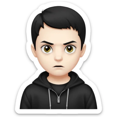 Vampire boy with the short black hair, pale-white skin, black eyes, little fangs and dark circles under his eyes. He has serious face and he wear a black oversize sweatshot sticker