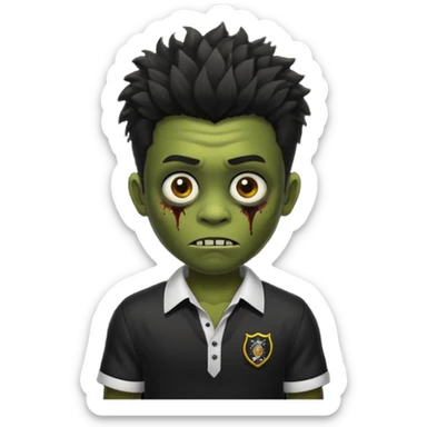crie um zumbi menino bonito, com aparencia jovem igual, com cabelo preto, curto, com franja, o estilo do cabelo do zumbi seria o mesmo dos meninos de cabelo liso bagunçado do pinterest, faça ele com uma camisa preta sticker