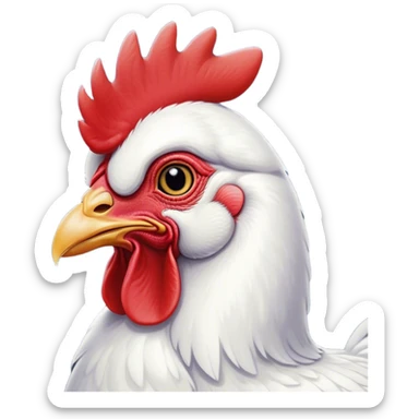 Cinematic Noble White Chicken Portrait Emoji, Poised and regal, with a compact, sturdy build and a pristine, well-groomed pure white plumage, deep-set soulful beady eyes, Simplified yet sharp and sophisticated features, highly detailed, glowing with a soft, dignified glow, high shine, intelligent and alert, stylized with an air of barnyard elegance, focused and attentive, soft glowing outline, capturing the essence of a watchful and confident fowl, so majestic it feels as though it could strut out of the screen with effortless authority! sticker