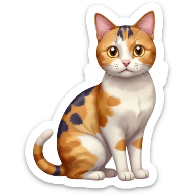 full body anxious looking colourful patchy calico tabby cat with tiny head to large body with fully white front legs sticker