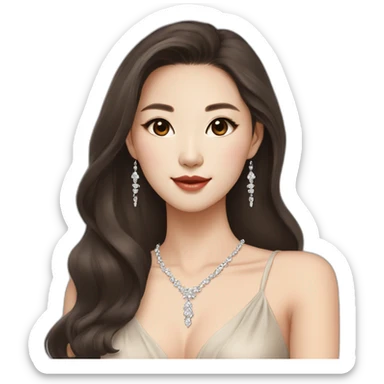beautiful brunette Korean girl with smooth skin long hair beige lipstick wearing low neck dress with a diamond necklace sticker