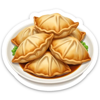 Shanghai fried dumplings with crispy bottom, simplified emoji style with bold outlines and bright colors, cartoon style pan-fried potstickers sticker