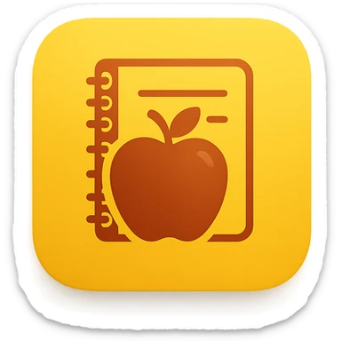 iOS app icon style for folder 'School': square with strongly rounded corners, yellow color gradient, symbol of an apple and notebook in the center, modern look sticker