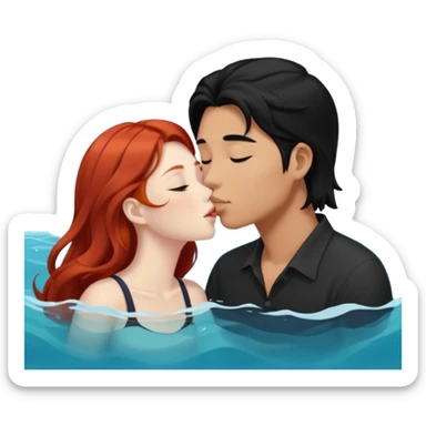 long black haired asian guy kiss redhead girl in ocean sticker
