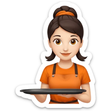 Create an iOS-emoji-style illustration of a cheerful female barista with bright fair skin and dark hair tied back. She wears an orange barista T-shirt and holds a brown serving tray. Style should be soft, rounded, and minimal like Apple emoji. sticker
