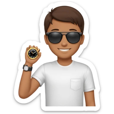 Un niño con pelo lacio color castaño,con lentes de sol negros y un reloj en la mano sticker