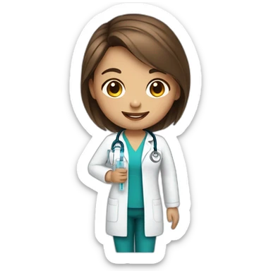 A brown hair girl doctor with light brown skin with syringe smiles sticker